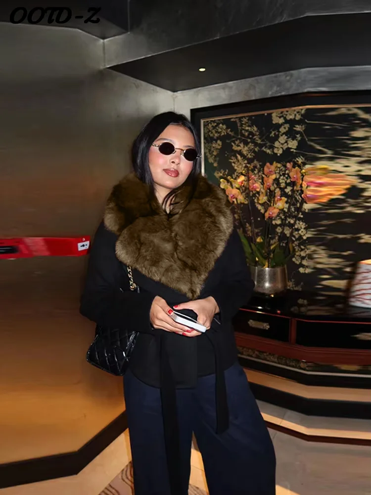 Elegant Faux Fur Lace Up Woolen Coat Women Shawl Collar Belted Waist Full Sleeve Coats Female Spring Winter Fashion Lady Outwear