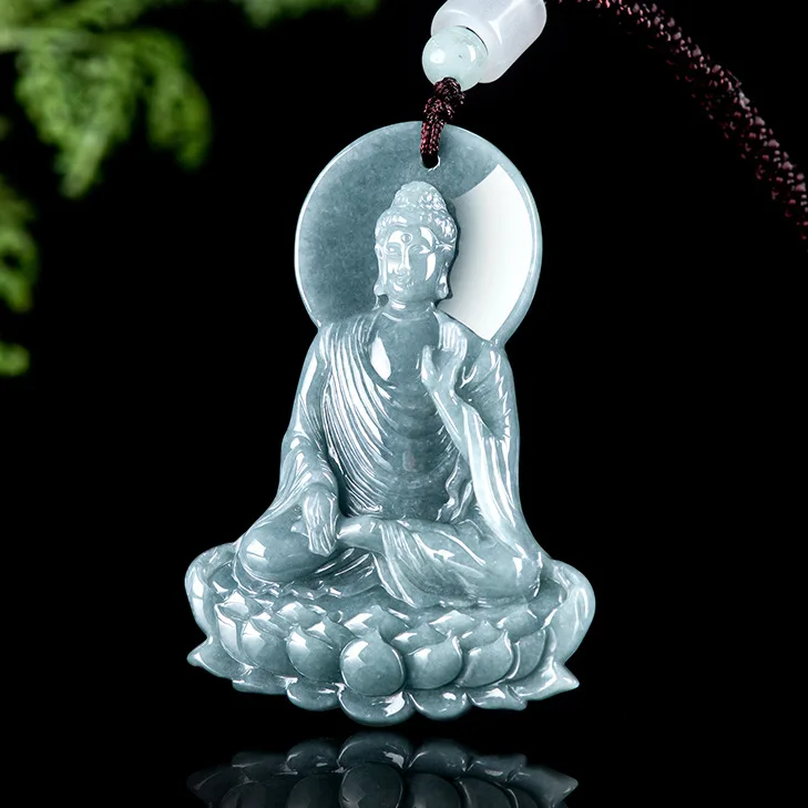 Natural A-grade Jadeite Blue Water Amitabha Buddha Jade Pendant With Zodiac Animals Dogs Pigs Guardian Gods Buddha's Mandate