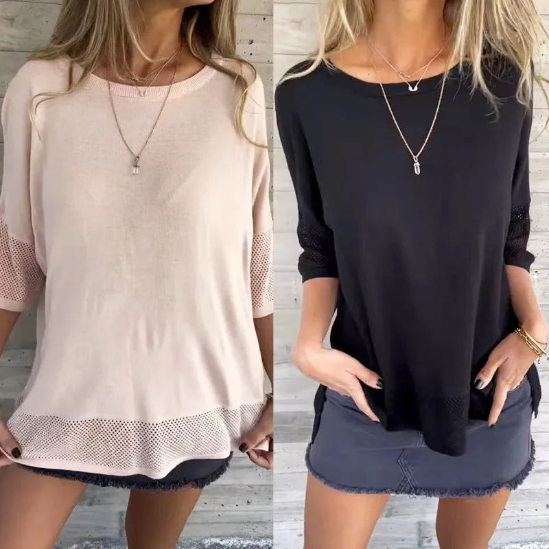 

Spring Summer Daily Splicing Pullover Tops For Womens With Three-quarter Sleeves Knitted Solid Color Short-sleeved T-shirt Tops
