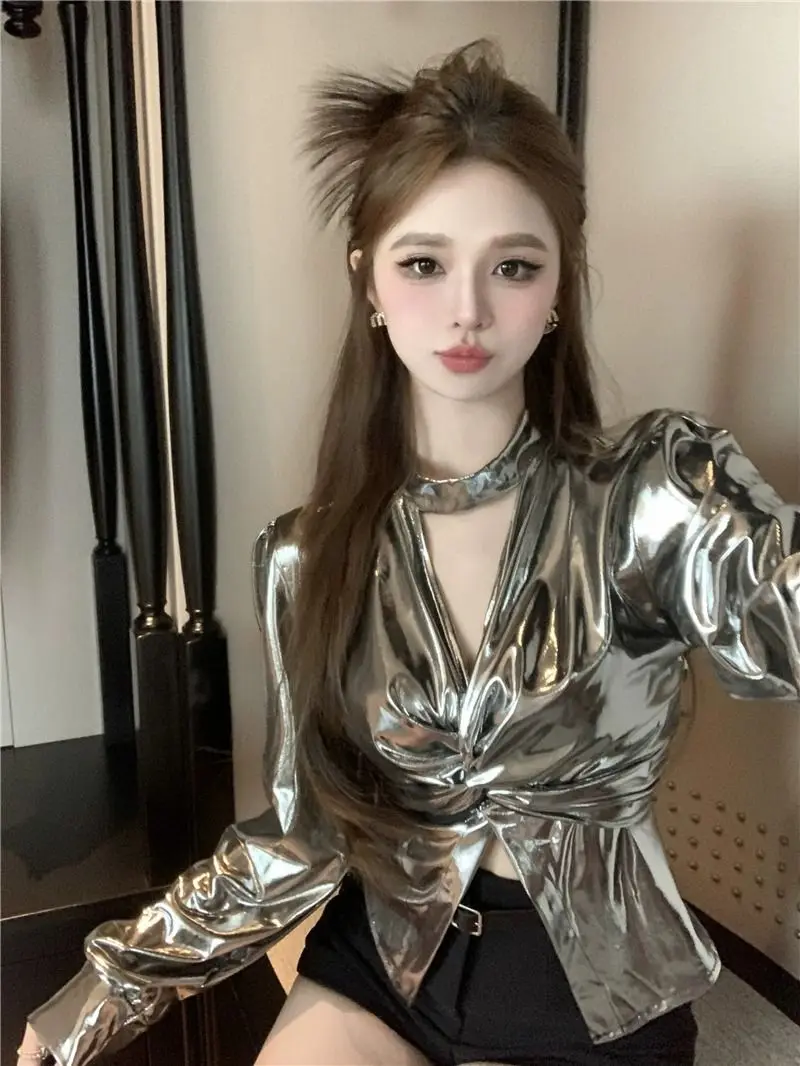 

Silver Shiny V-Neck Hanging Neck Waist-Cinching Long Sleeve Women's Shirt Fashionable Korean Style Spring Summer Top