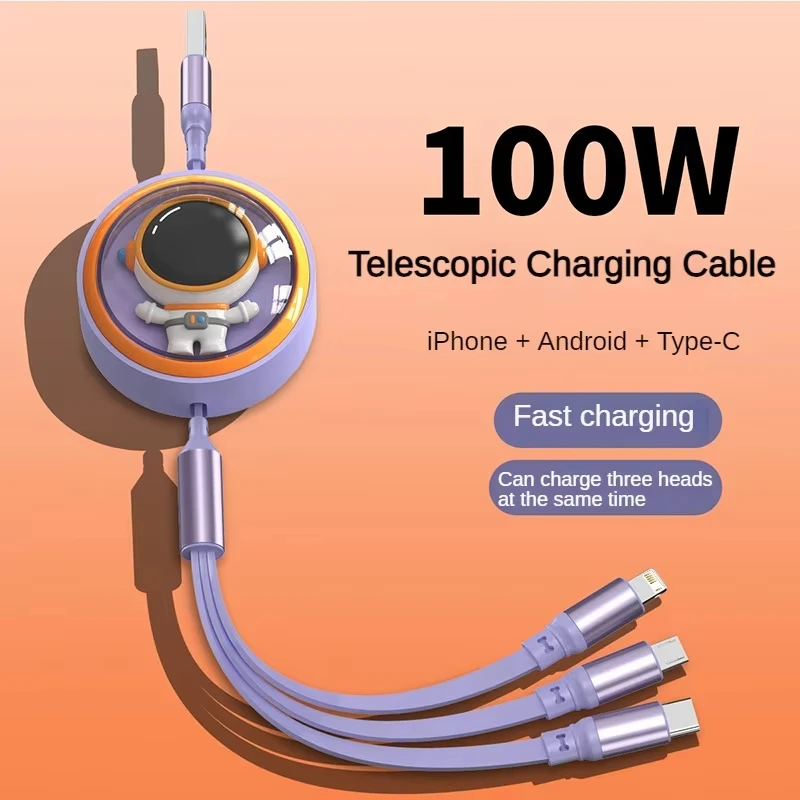 كابل بيانات شحن سريع للغاية 100 وات 3 في 1 مناسب لهاتف iPhone Huawei Samsung Xiaomi OPPO كابل شحن تلسكوبي للهاتف المحمول