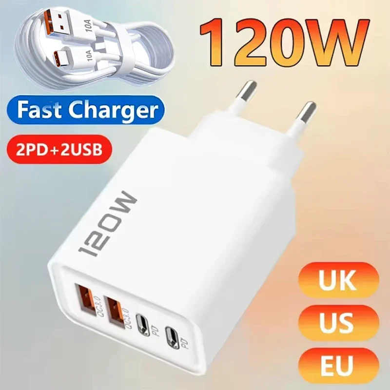 120W 4-Port-Wandladegerät USB-C Quick Charge Typ-C USB-Handy-Ladegeräte Schnellladegerät für Samsung Xiaomi Huawei iPhone