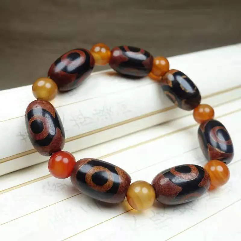 Natural Agate Three Eye Bucket Bead Men's and Women's National Style Retro Bracelet Jewelry