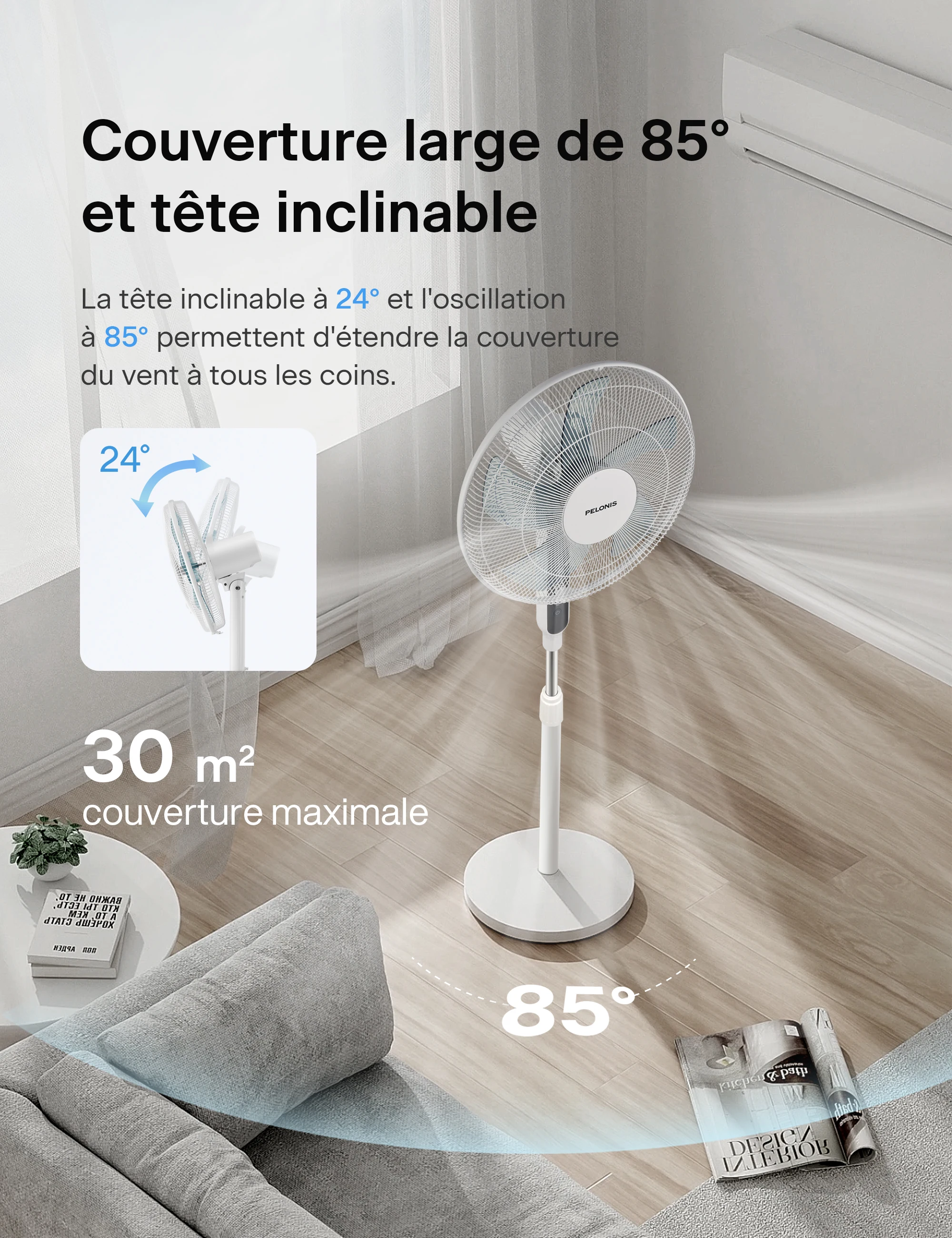 Midea PELONIS Quiet Floor Fan with Remote Control, 16 Inch DC Motor Fan with 85° Oscillation, Height Adjustable, 12 Speed Levels