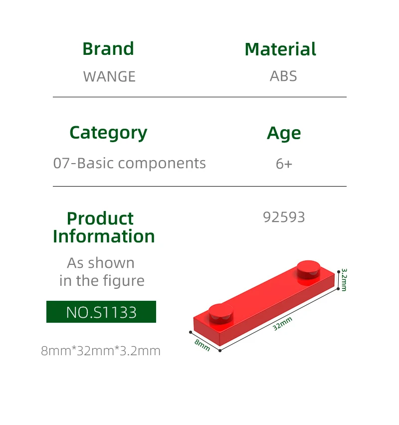 Wange 164Pcs/lot 92593 1x4 with 2 Studs without Groove Block Moc Color Accessories Compatible with Curved Brick DIY Toys For Kid