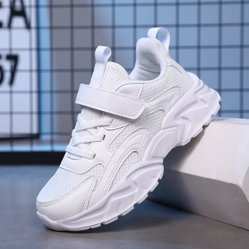 New Children Sports Shoes Soft Sole Velcro Lightweight Sneaker Unisex Kids Breathable Mesh Sneakers Non-slip PU Leather Sneakers