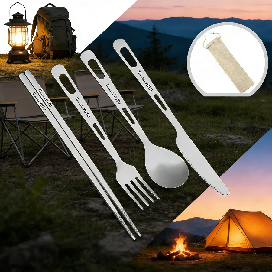 

Набор столовых приборов из чистого титана: нож, вилка, ложка. Легкий титановый походный набор с чехлом для путешествий, пикников и походов.