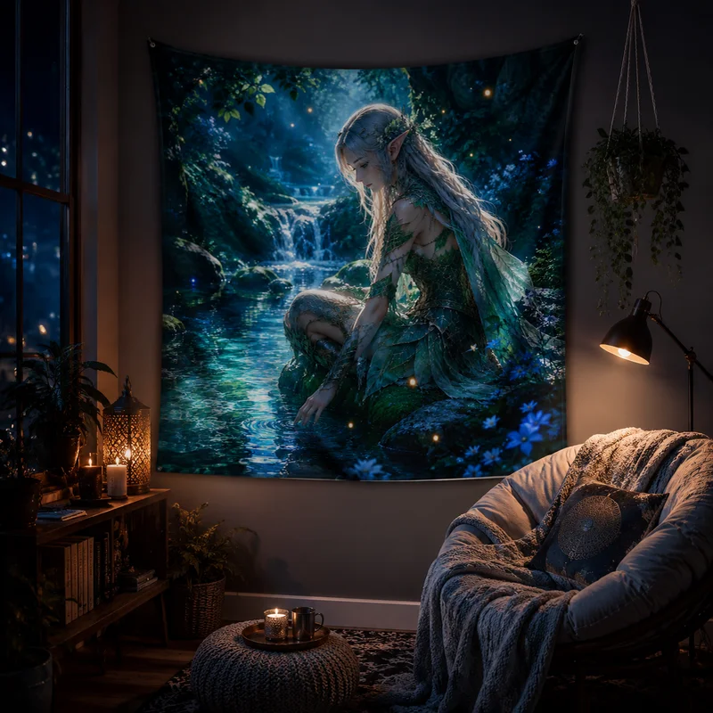 VIKAMA Forest Stream Elf Fairy Tapestry Forest Moonlight Stream Green Skirt Elf Printed Hanging Cloth Anime Room Decoration