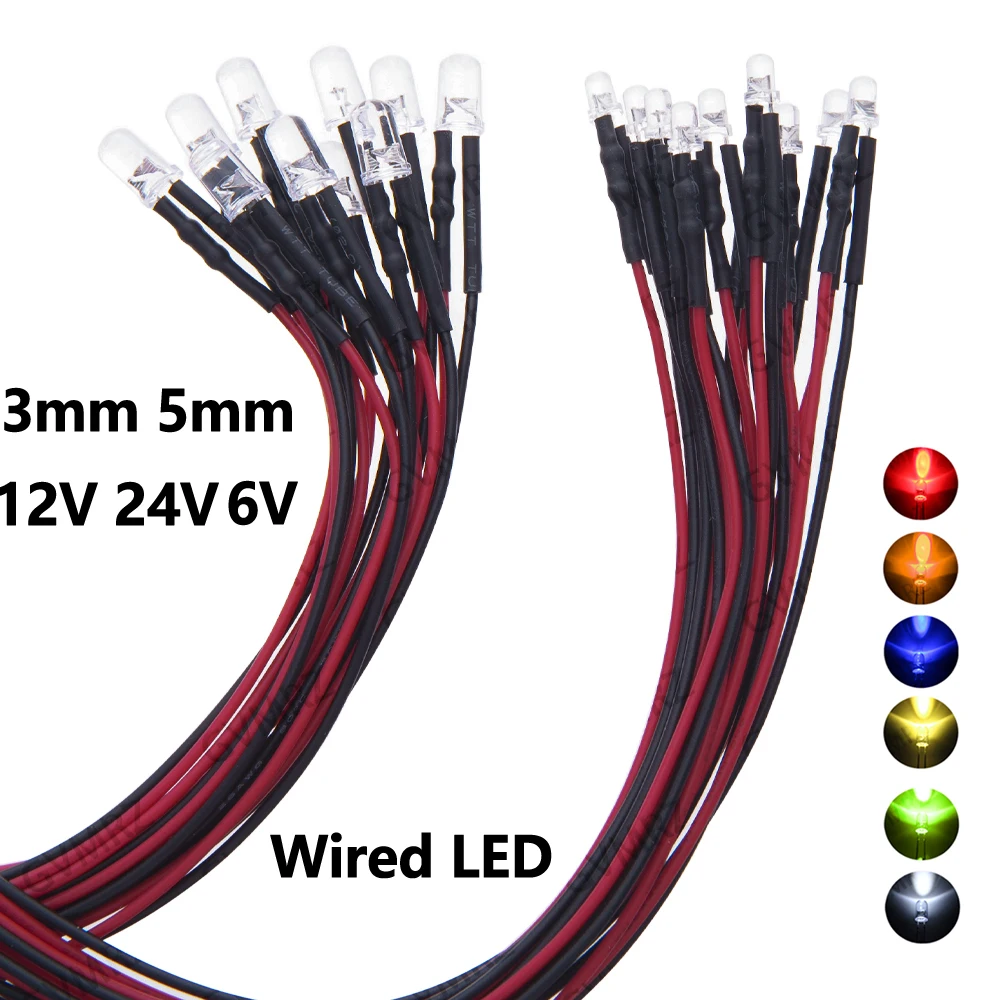 10PCS 3mm 5mm DC 12V 24V Wired LED Indicator Light 3–6V Multiple Colors for PCB DIY Electronics 12V 24V 6V 3mm 5mm