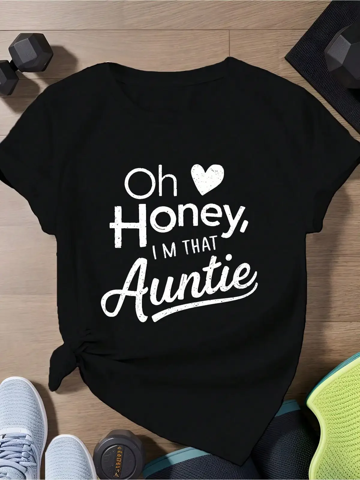 Plus Size - Plus Size - Wo Oh Honey I'm That Auntie T Shirt Funny Slogan With Heart Print Soft Blending Fabric Loose Fit Round Neck Casual Top Nontransparent Shirt Suitable For All Season Wear M, Suitable For Spring