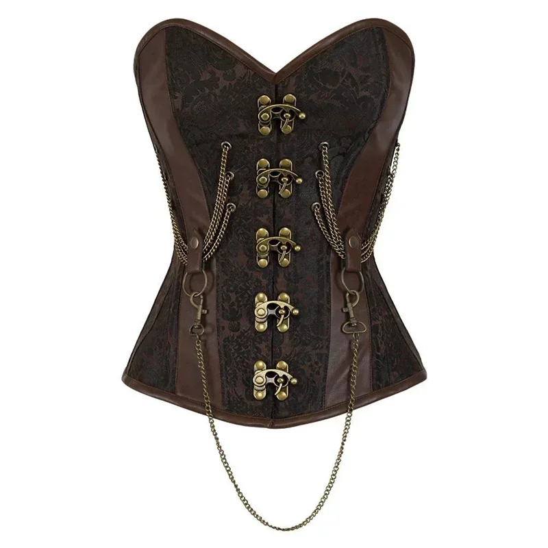 

Brown Leather Corset Tops Overbust Steampunk Corsets and Bustiers Chain Gothic Pirate Vintage Outerwear Corselet