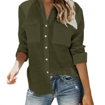 Damen Long Sve irt mit Ket Commute Sle Polyesterfaser Non-Sinking Regular Sve Pure Color Splicing Proc