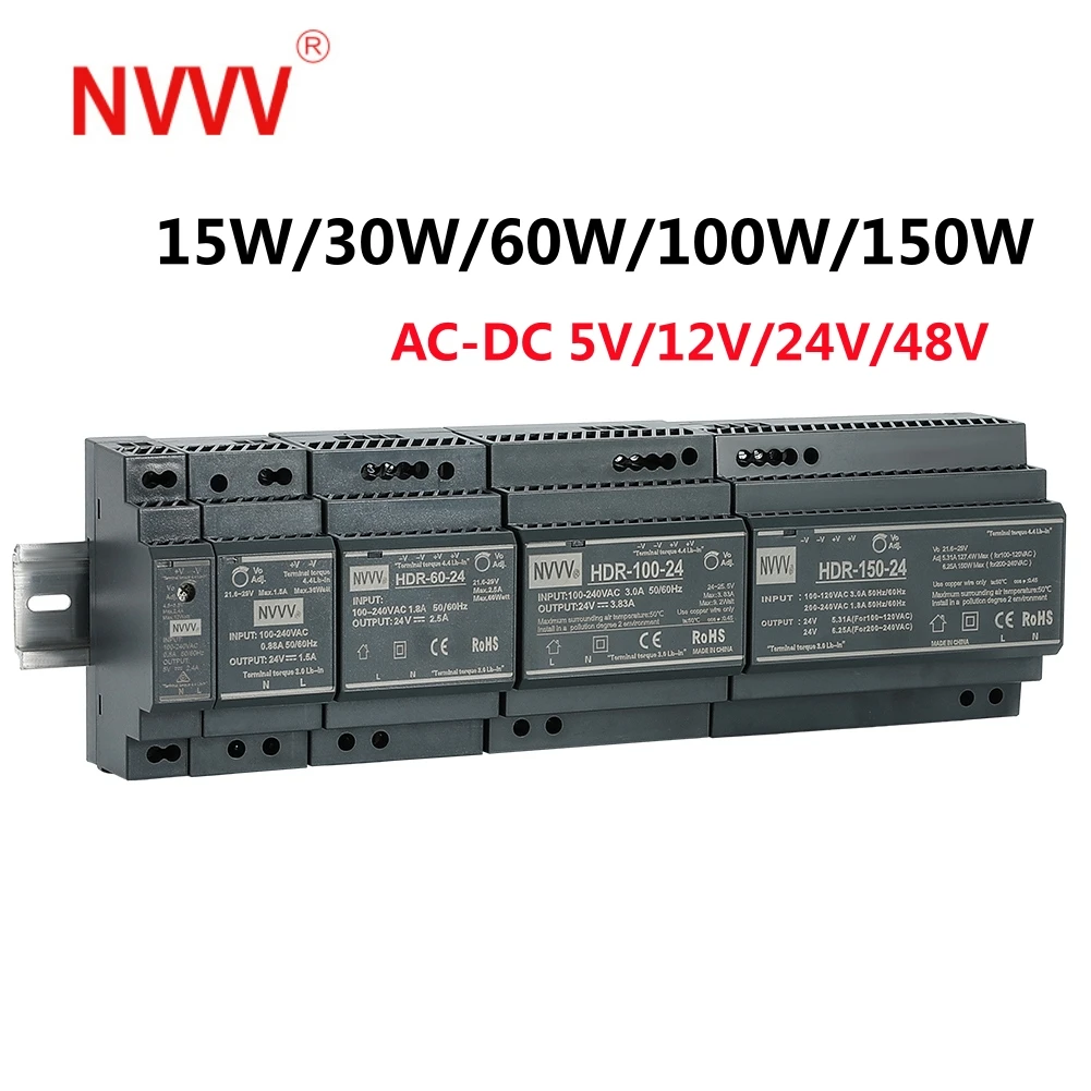 NVVV HDR Series Din Rail Switching Power Supply 24V Power Supply 15W 30W 60W 100W 150W AC-DC 12V Voltage Stabilizer Transformer