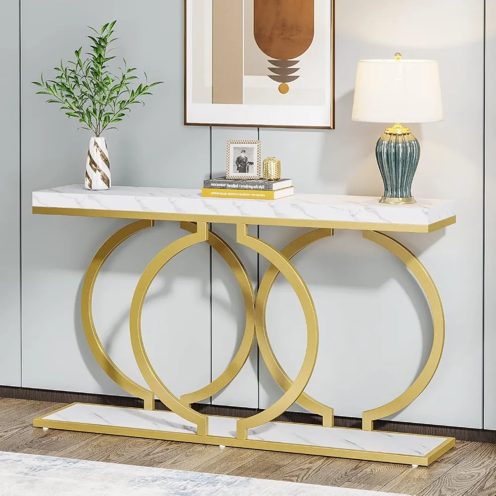 Gold Console Table, 55 inch Faux Marble Entryway Table Narrow Long Sofa Table, Modern Accent Table for Living Room