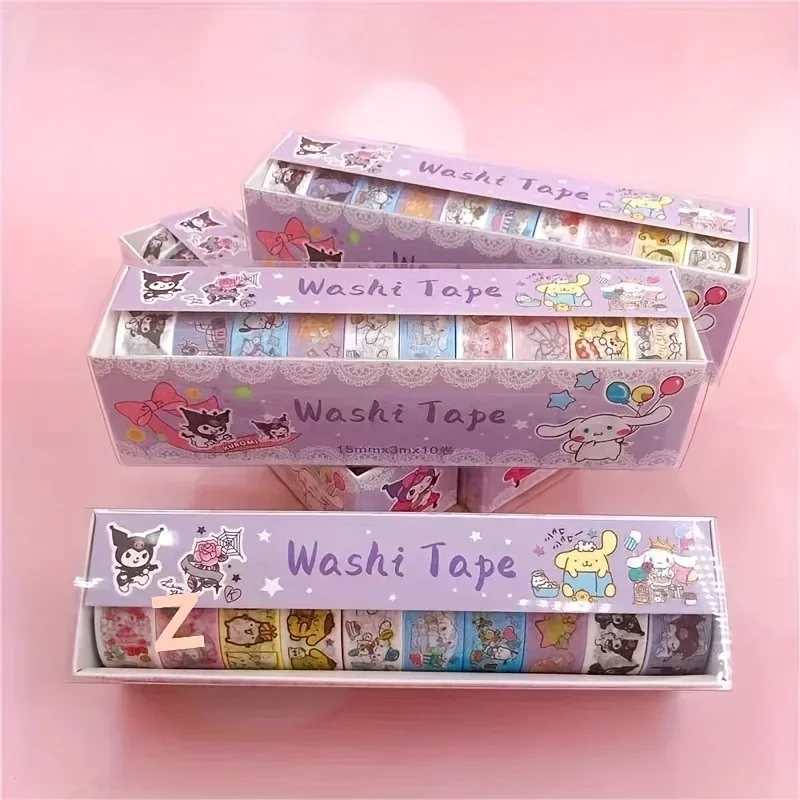 

10 Pcs Cute Sanrio Cartoon Washi Tape Set of Adorable Kuromi, My Melody & Cinnamoroll Designs for Kids Journaling and Crafting