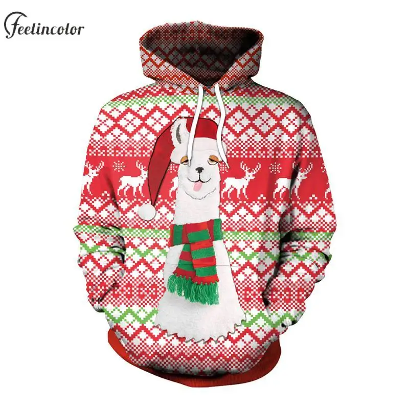 

Christmas Alpaca Men Ugly Hoodies Xmas Dog Elk Graphic Hooded Pullover Casual Autumn Winter Hoodie Holiday Couple Streetwear