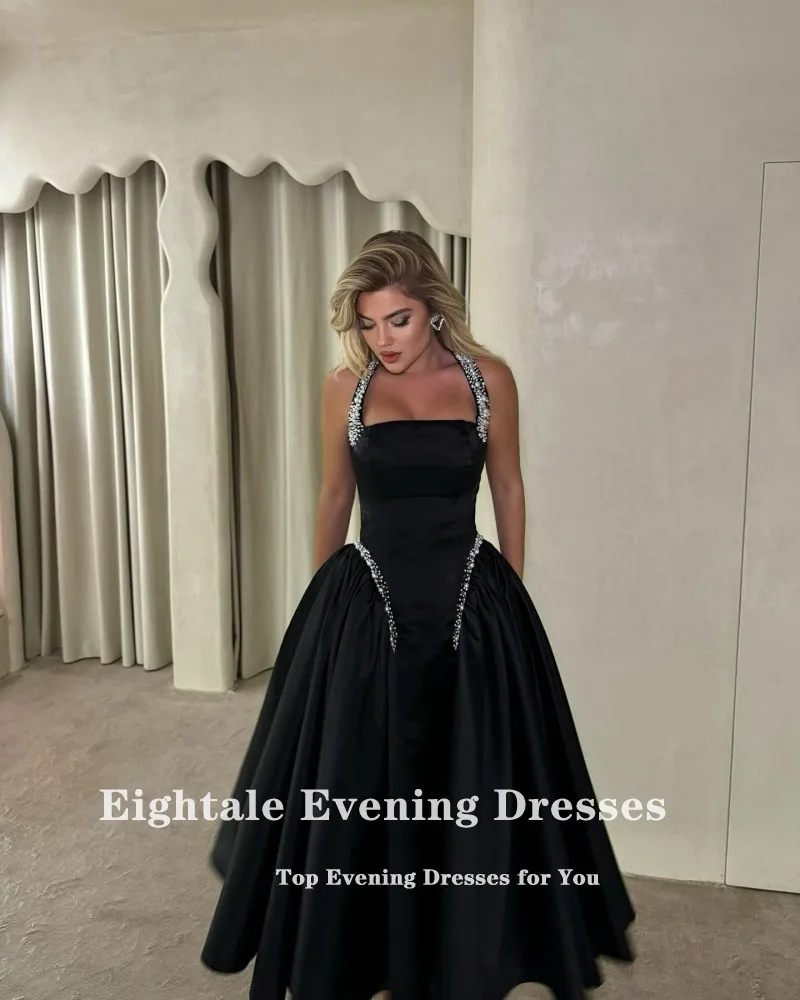 

Eightale арабское вечернее платье по индивидуальному заказу с лямкой на шее трапециевидной формы из бисера атласное черное платье для выпускного вечера свадебное платье Vestidos De Gala