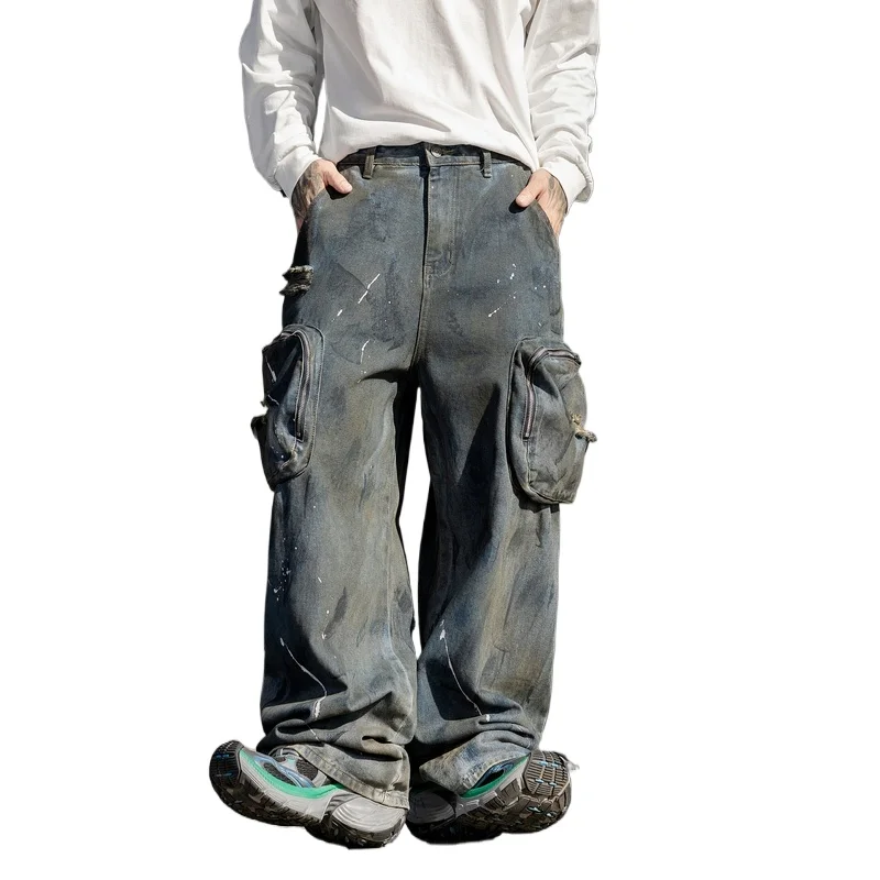 Men Streetwear Hip Hop Fashion Loose Casual Denim Wide Leg Baggy Jeans Pants Trousers Dirty Washed Hole Pocket Ripped Jeans