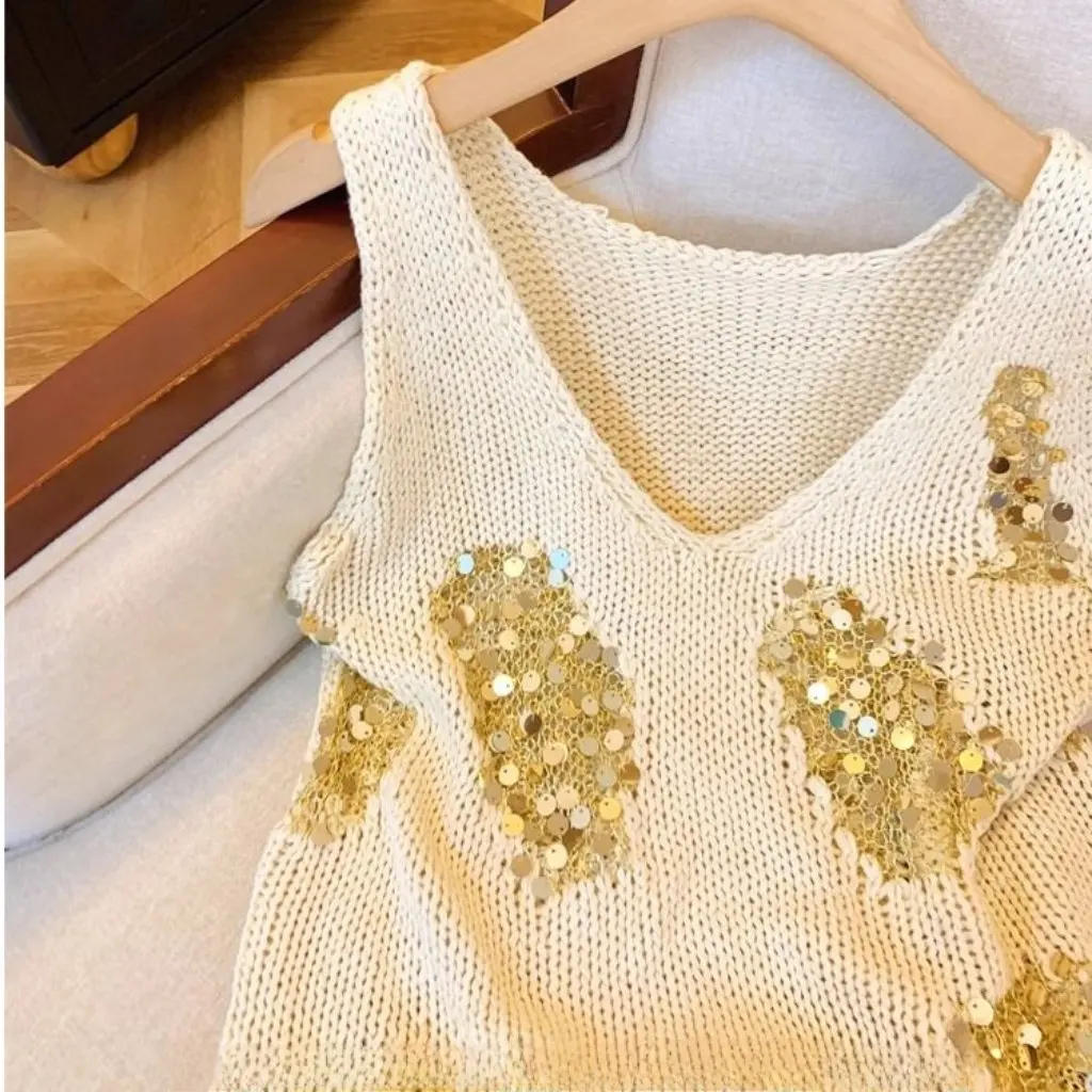 سترة نسائية محبوكة على الطراز الفرنسي برقبة على شكل حرف v بدون أكمام ملابس خارجية صيفية راقية كسول