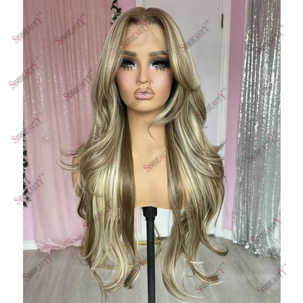 Pirang cahaya coklat Hightlight 13*6 renda Wig rambut manusia Ombre berwarna sedikit keriting 13*6 renda Wig Frontal untuk penggunaan sehari-hari wanita