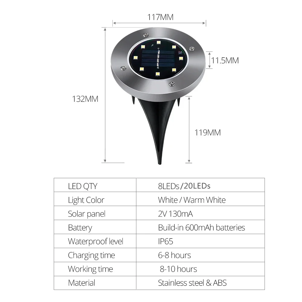 8 шт., водонепроницаемые светодиодные светильники на солнечной батарее