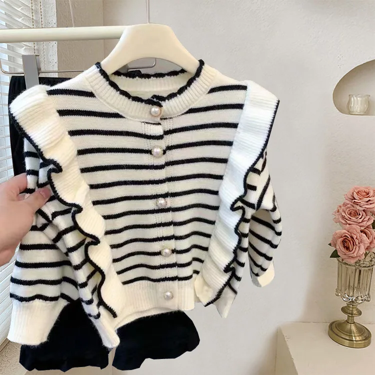Girls\' autumn dress girls\' ruffled sweater + pink lace bell bottoms knitted cardigan top horn spring autumn two-piece set tide