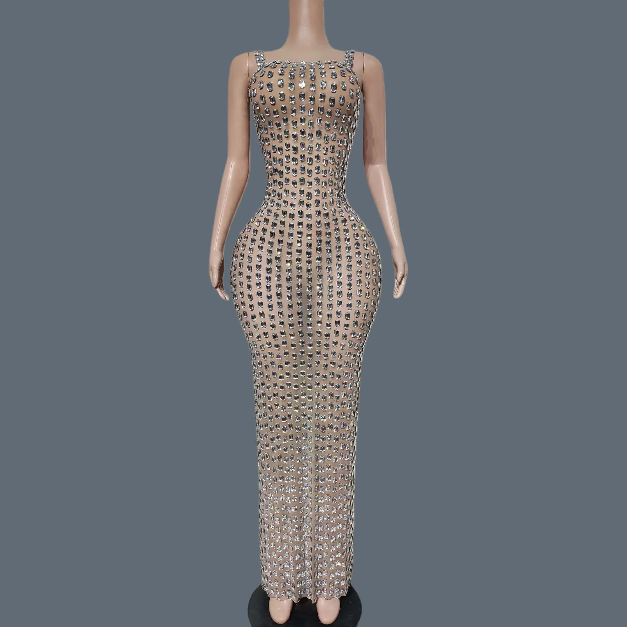 

Sparkly Silver Crystals See Through Mesh Long Dresses Brilliant Evening Dress Glamorous Prom Dress Night Party Outfit Bingtang