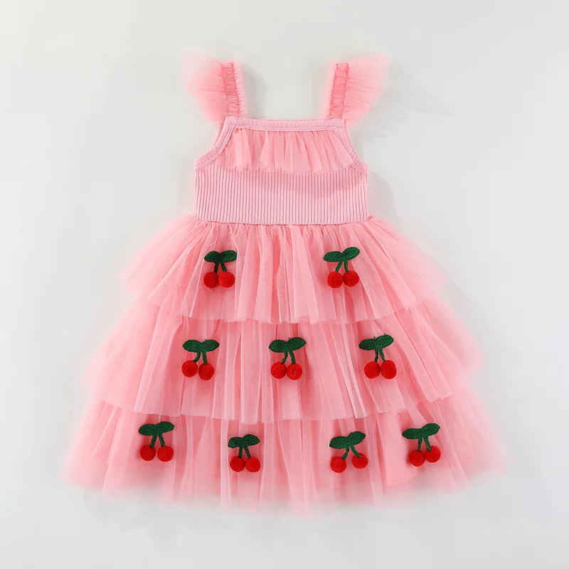 MILANCEL New Summer Kids Dress 18M-6T Cute Girls Cherry Suspenders Mesh Dress Thin Ventilate Children Sweet Clothes