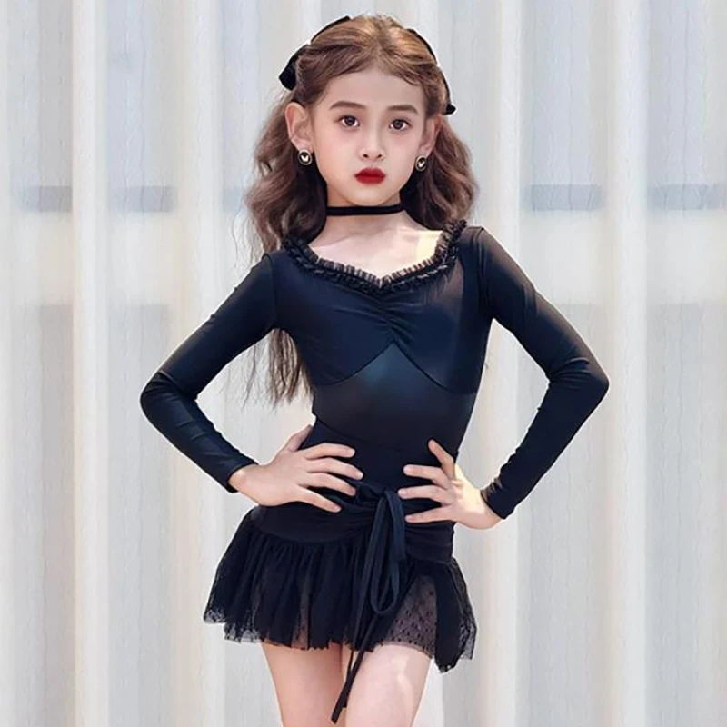 

Black Kids Girls Latin Dance Costume Long Sleeve Bodysuit and Mesh Skirts Rumba Performance Practice Ballroom Dress Standard