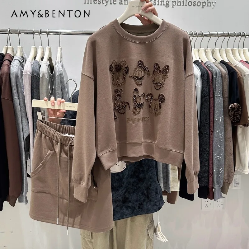 

Autumn New Popular Heavy Industry Hoodies Skirts Suit Embroidery Cartoon Design Sweatshirt High Waist A-line Skirt Two-piece Set