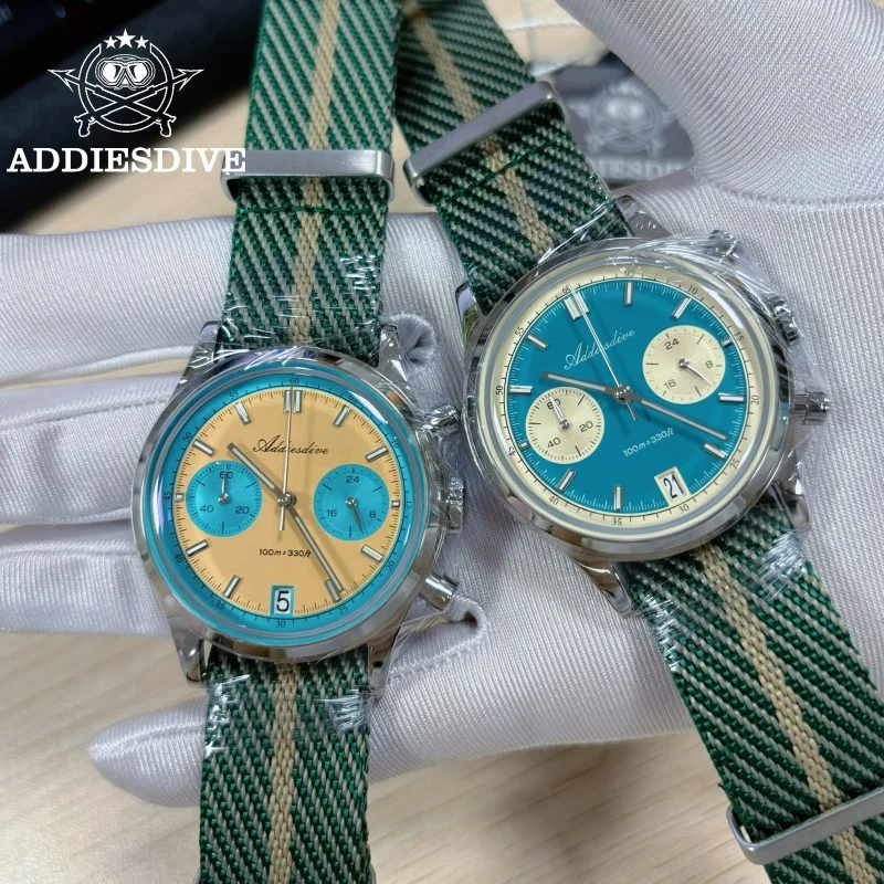 ADDIESDIVE Deluxe Men Chronograph Watch Bubble Mirror Glass 316L Stainless Steel BGW9 Luminous 100m Diving VK64 Quartz Watch