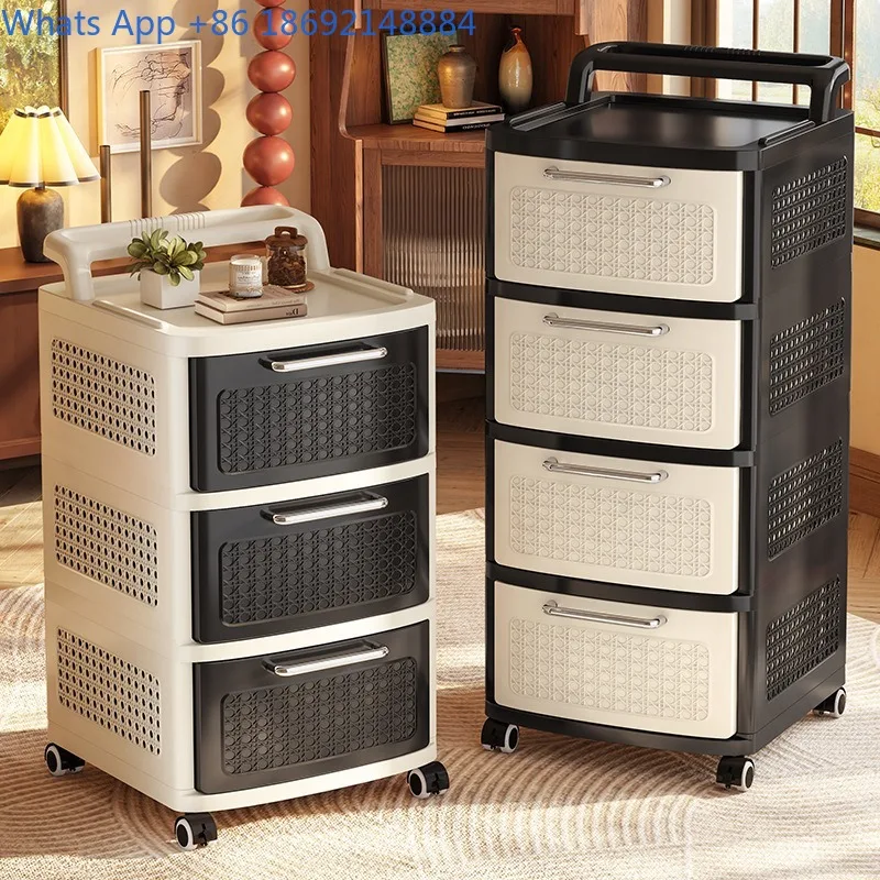 

Chinese Style Storage Cabinet Large Capacity Drawer Trolley Living Room with Wheels Movable Retro Multi-layer Storage Rack