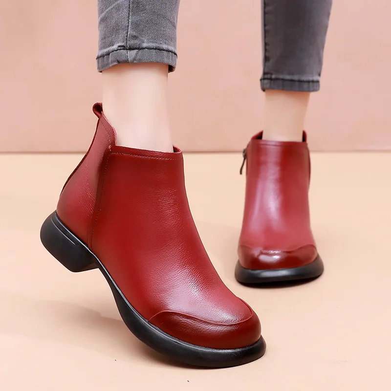 GKTINOO 2024 Autumn Winter Women Boots Genuine Leather Flat Heel Side Zipper Soft Soled Retro Style Casual Mother Short Boots