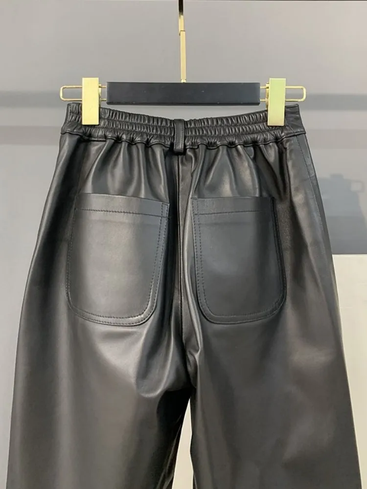 الترفيه نمط زر جلد الغنم السراويل المريحة بلون جلد طبيعي عالية الجودة السيدات جيب مستقيم الساق بنطلون #5