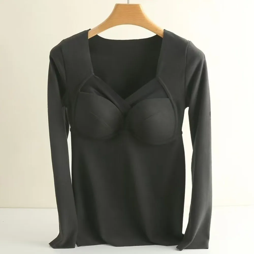 

V Mesh Neck Women Thermal Clothes Solid Color Invisible Thermal Underwear Velvet Fleece Lingerie Warmth Long Tops Undershirt
