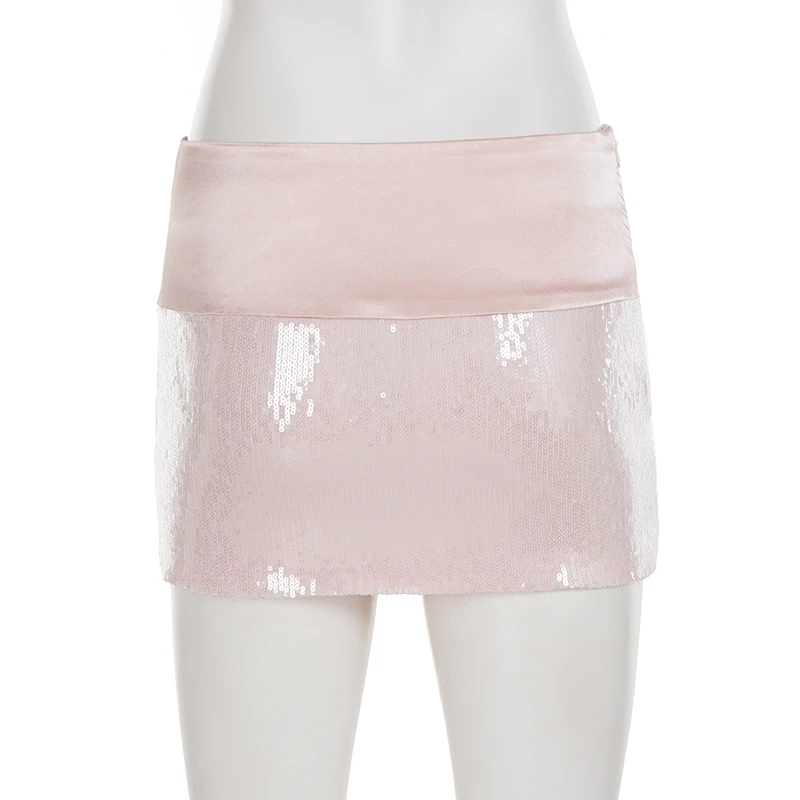 SUCHCUTE Satin-Patchwork-Pailletten-Bodycon-Minirock Y2K Low Waist Party Club Damen Slim Rock Casual Grunge Fairycore Chic – Detail 5