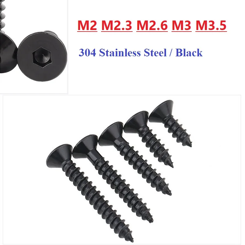 M2 M2.3 M2.6 M3 M3.5 Allen Hex Hexagon Socket Flat Countersunk Head Self Tapping Screw 304 Stainless Steel / Black