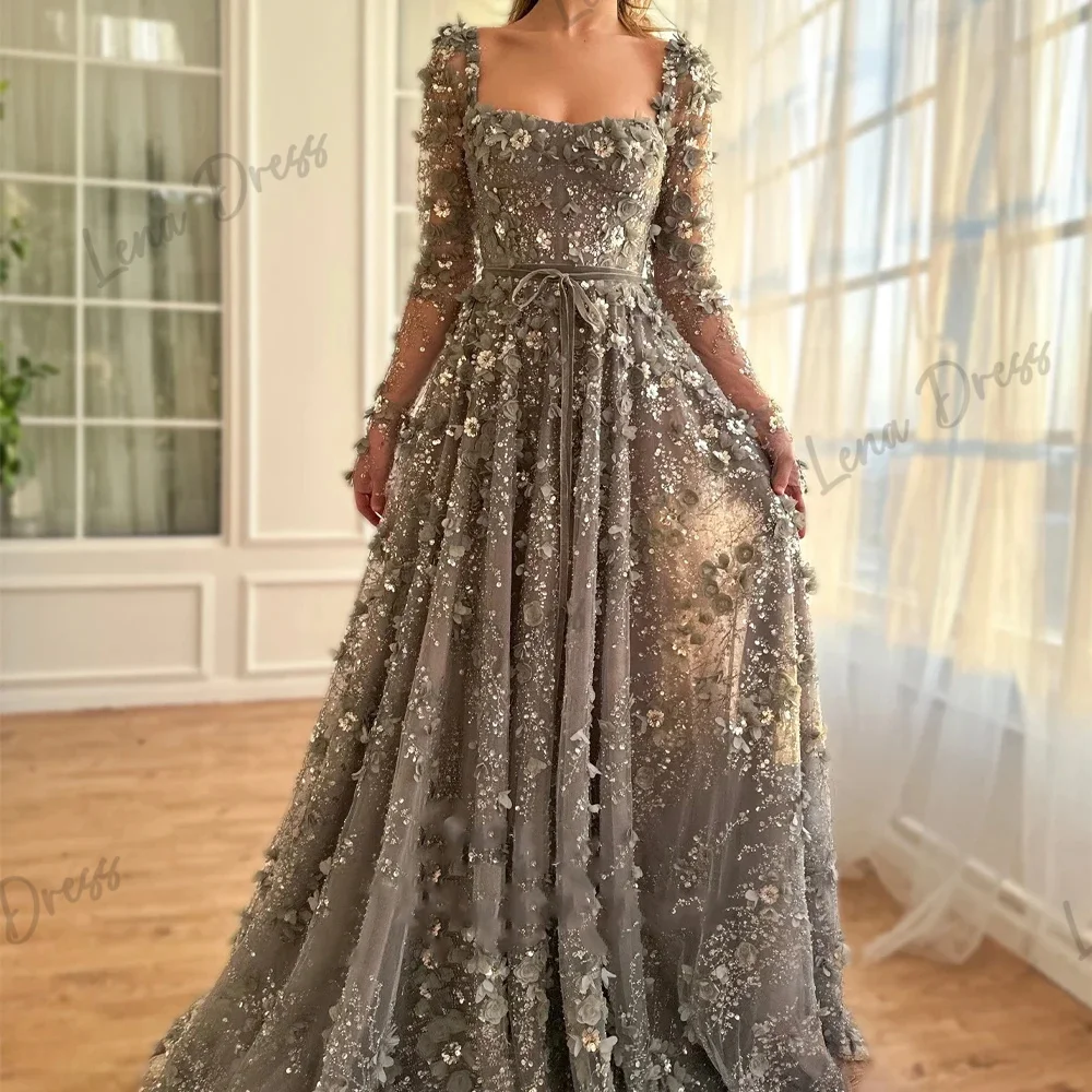 Lena Floral Lace Formal Occasion Dresses for Formal Occasions Grey Luxurious Evening Dresses 2024 Luxury Long Sleeves Line A