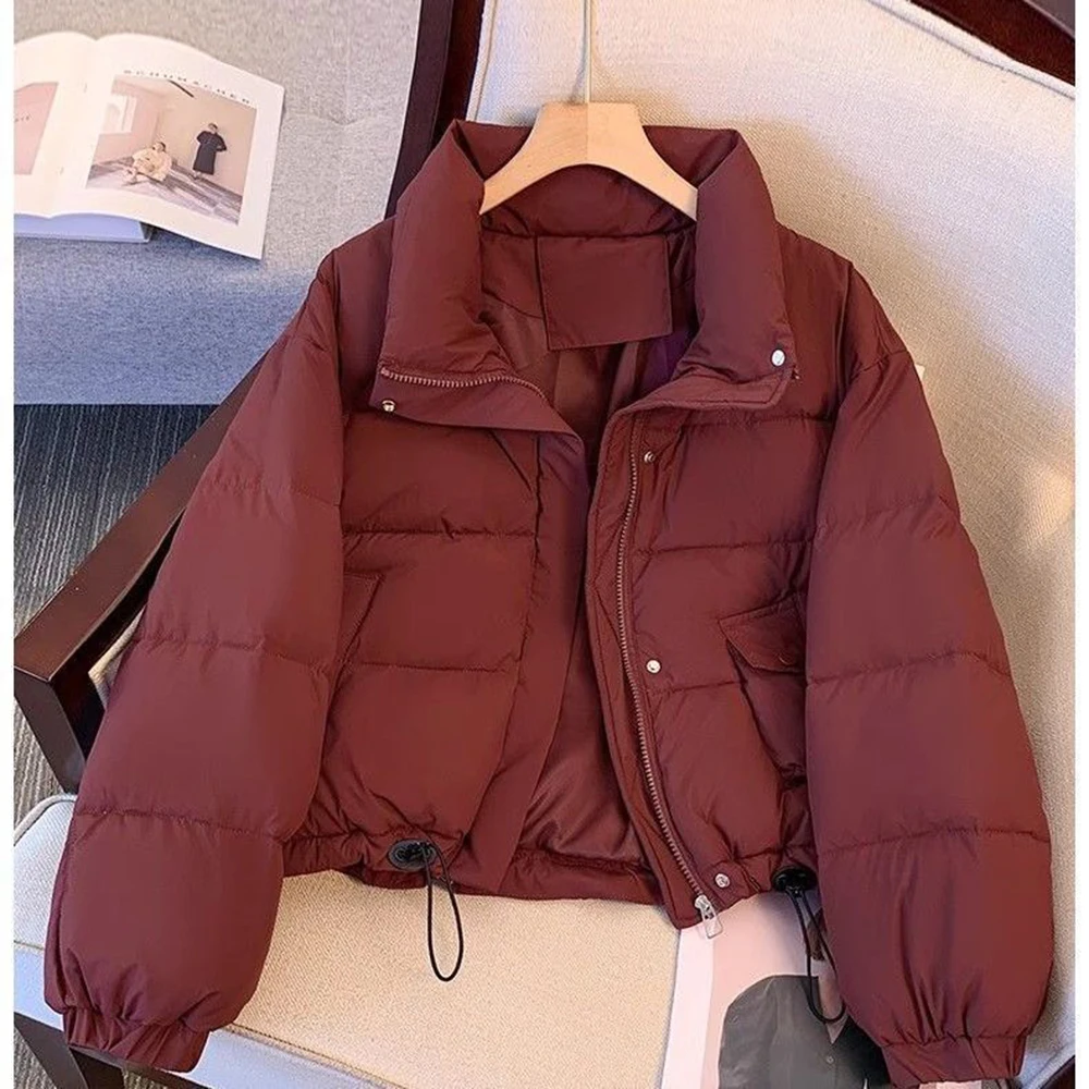 

Короткая хлопковая куртка для женщин, новая зимняя модная молния со скрытой пуговицей, стильное однотонное пальто с толстым отложным воротником