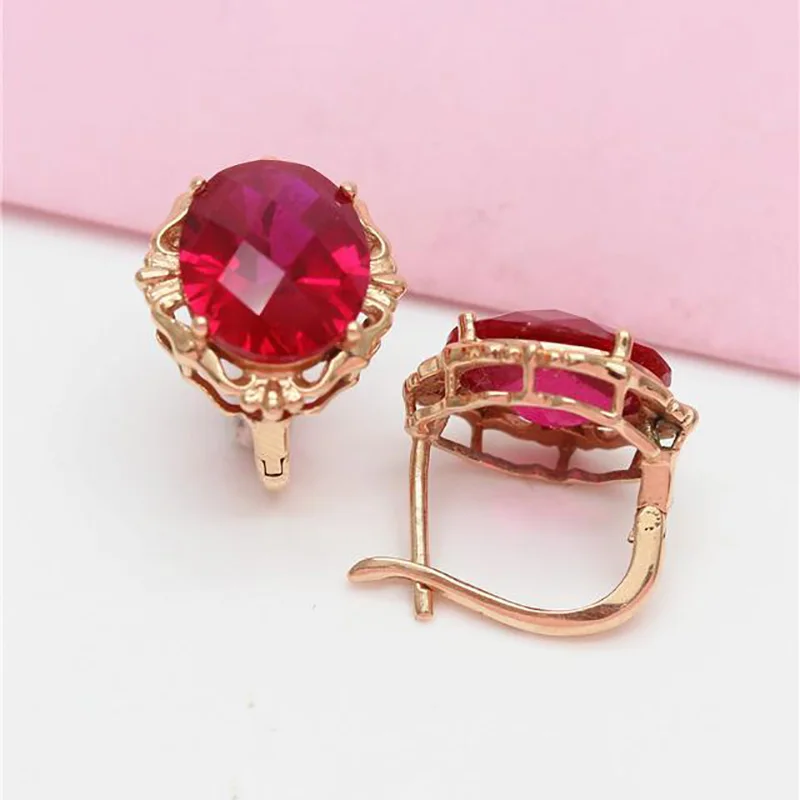 585 Purple Gold Plated 14K Rose Gold Simple Generous Inlaid Red Gem earrings for women Buckle Light Luxury Banquet Jewelry