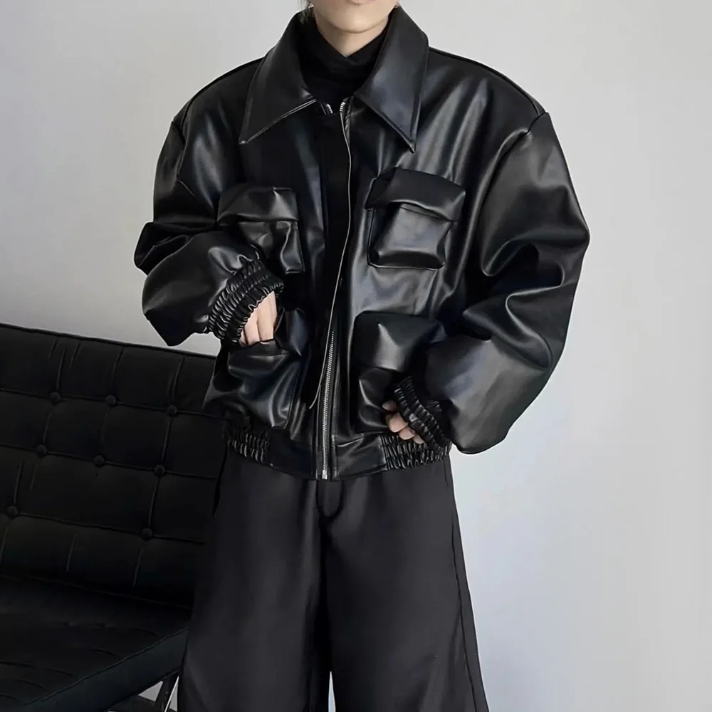 Y2K Mens PU Leather Jacket Pocket Motorcycle Coat Spring Casual Gothic High Street Dark Silhouette Top Men\'s Wear Unisex 2025