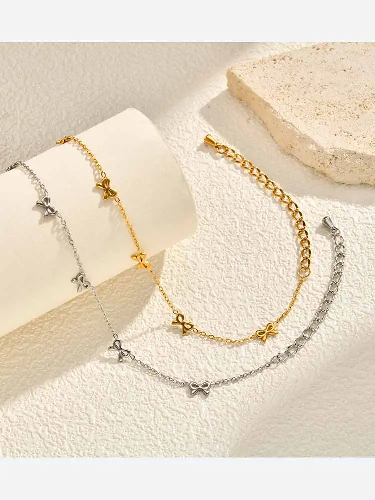 Rustproof Silver Tone Bow Bracelet for Women, Stainless Steel Thin Chain Bowknot Layered Bracelet for Sensitive Skin