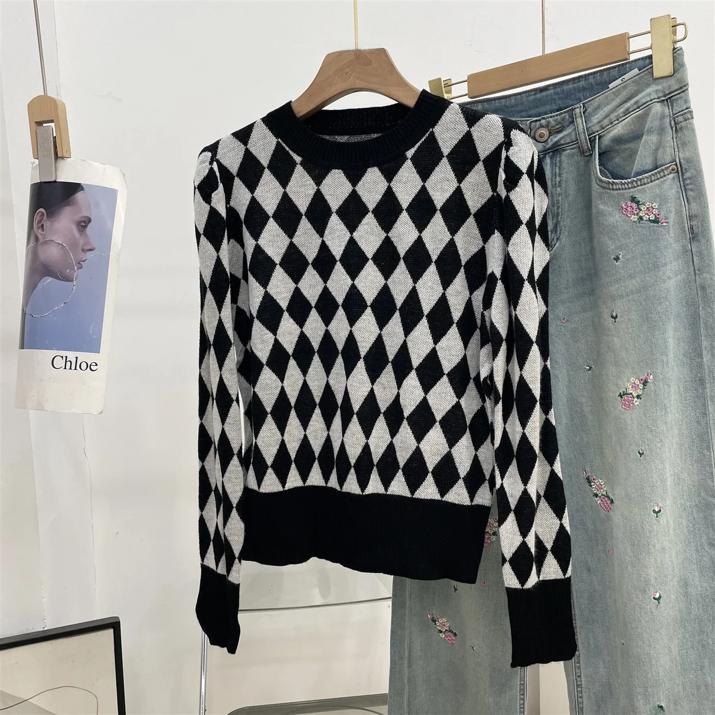 

Retro Color Blo Diamond Pattern Knitted Sweater Women's INS Hong Kong Sle Thin Overhead Top I9 Sweet Straight Tube