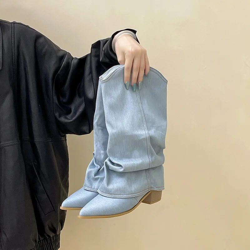 

Женские ботинки, осенне-зимние винтажные универсальные джинсовые ботинки, ботинки-дудочки на массивном каблуке с рюшами, модные утягивающие ботинки с острым носком