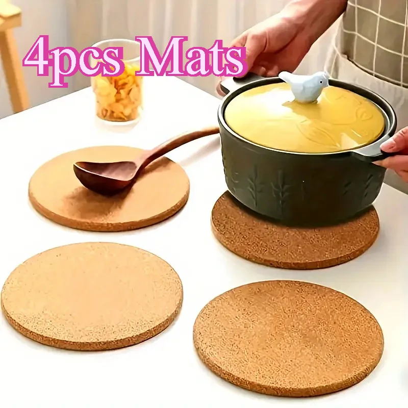 4pcs Cork Pot Mat Heat Resistant Round Pans Holder Bowl Placemats Worktop Saver Mat Cup Coasters Tableware for Kitchen Gadget