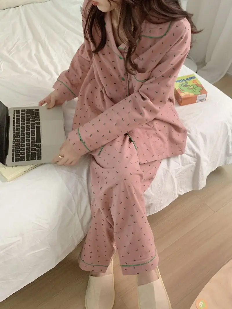 New Print Cartoon Pajamas Set Women Spring Autumn Loungewear Sweet Comfortable Sleepwear Female Long Sleeve Pants Home Clothing