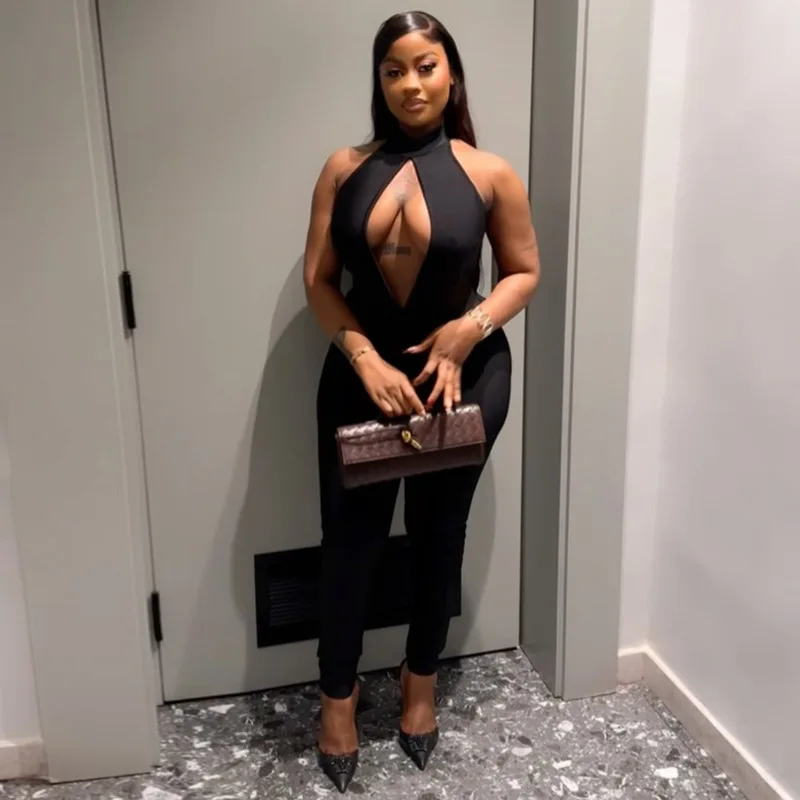 بدلة قفز سوداء أنيقة للسيدات لخريف 2025 بدون أكمام ورقبة دائرية بدون ظهر شبكية مثيرة للنوادي ملابس رياضية للحفلات #2