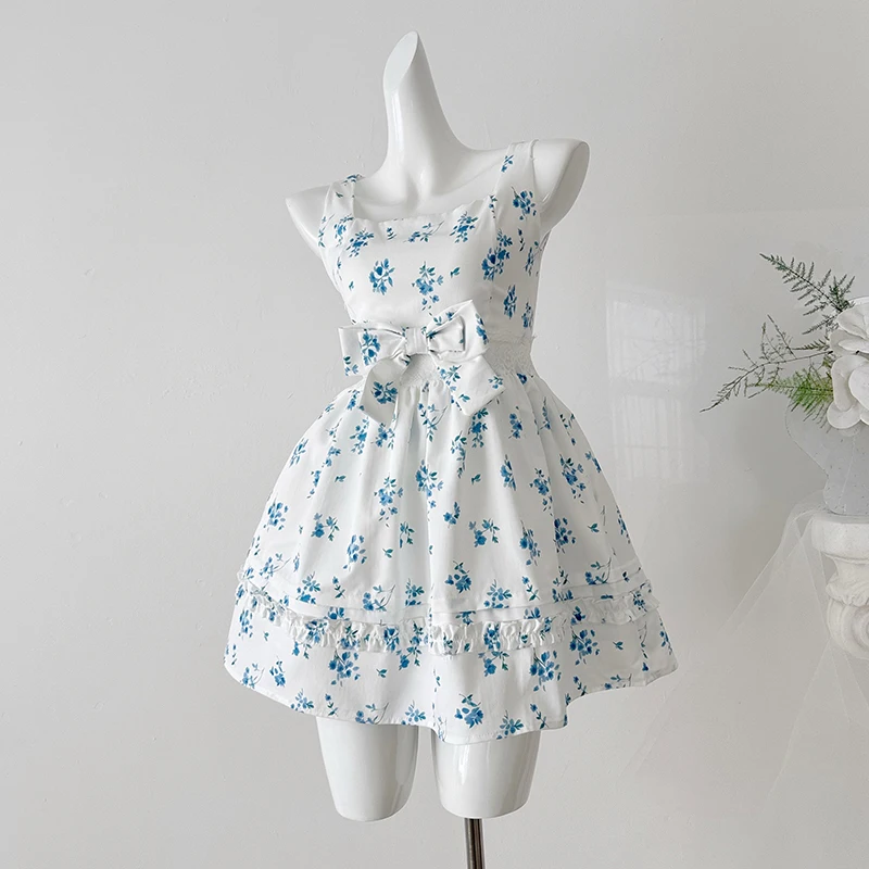 Women Sexy Lace Hollow Out Bow A Line Dress Blue Floral Party Birthday Evening Ball Gowns Nightclub Show Wear Fashion Vestidos