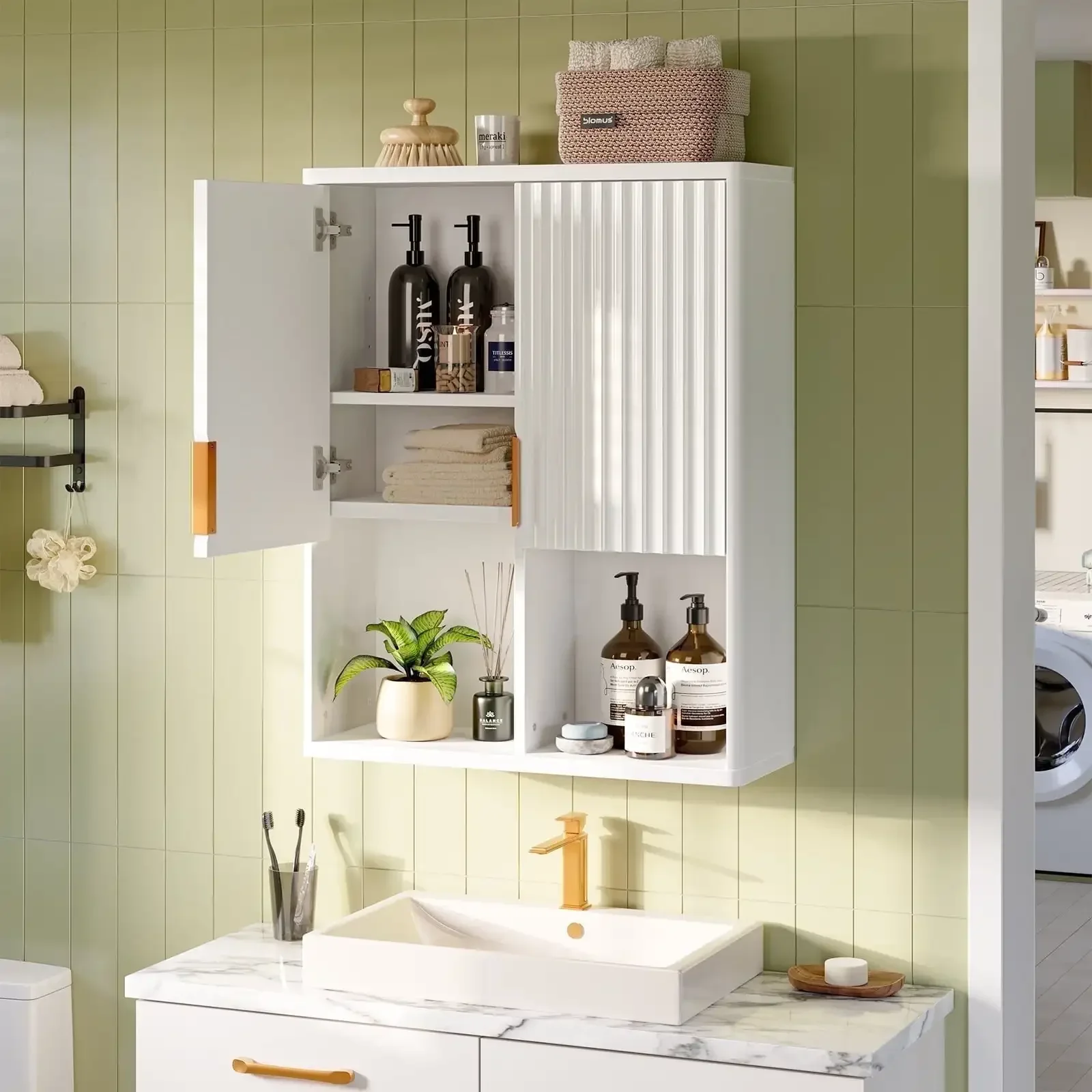 

Fluted Wall-Mounted Medicine Bathroom Cabinet, 23.62 x 8.27 x 29.84 Inches Wooden Over Toilet Storage Cabinet, White