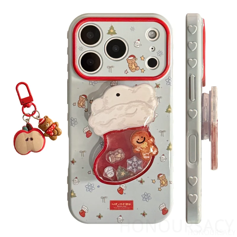 

Рождественские красные чулки с подставкой для карточек-качалок, чехлы для телефонов для Iphone 17, совместимые с 16, 15, 14, 13 Pro Max, задняя крышка с подвеской в виде медведя